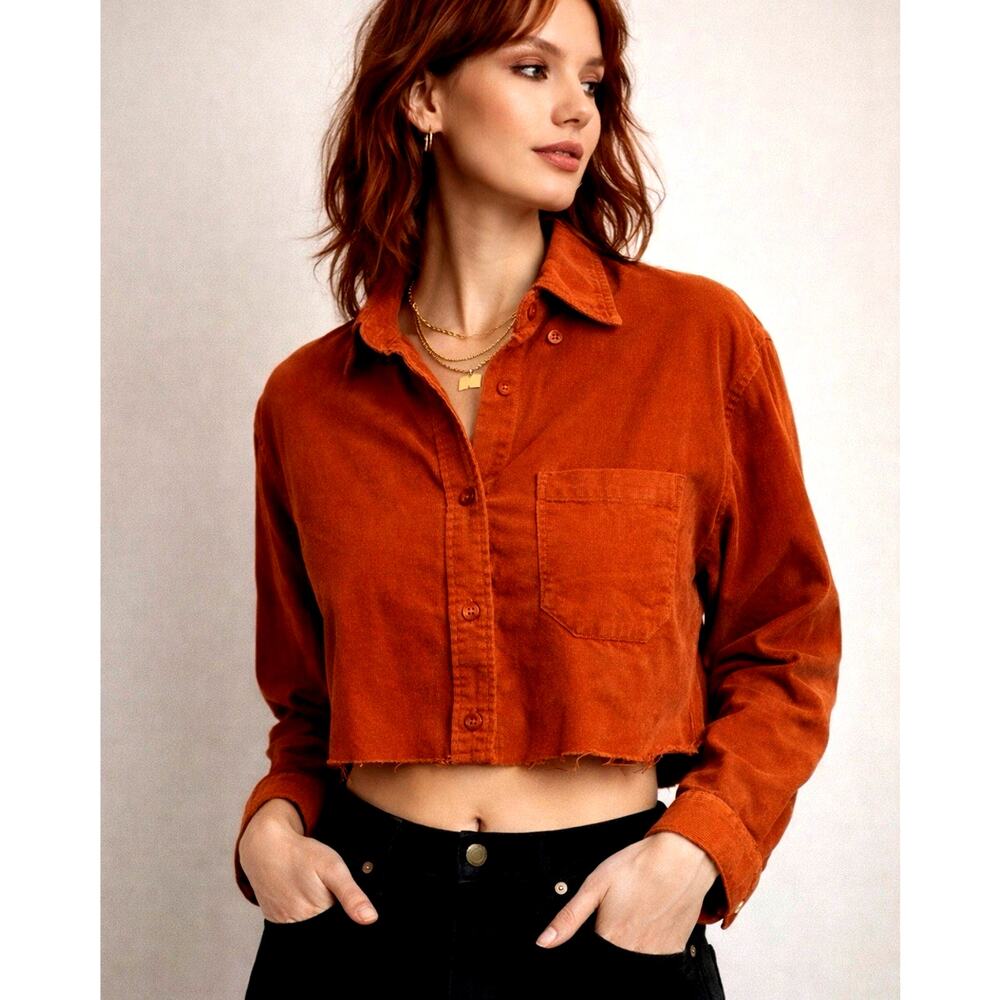 Reworked Nordstrom Crop Top L Burnt Orange Button Up Raw Hem Upcycled